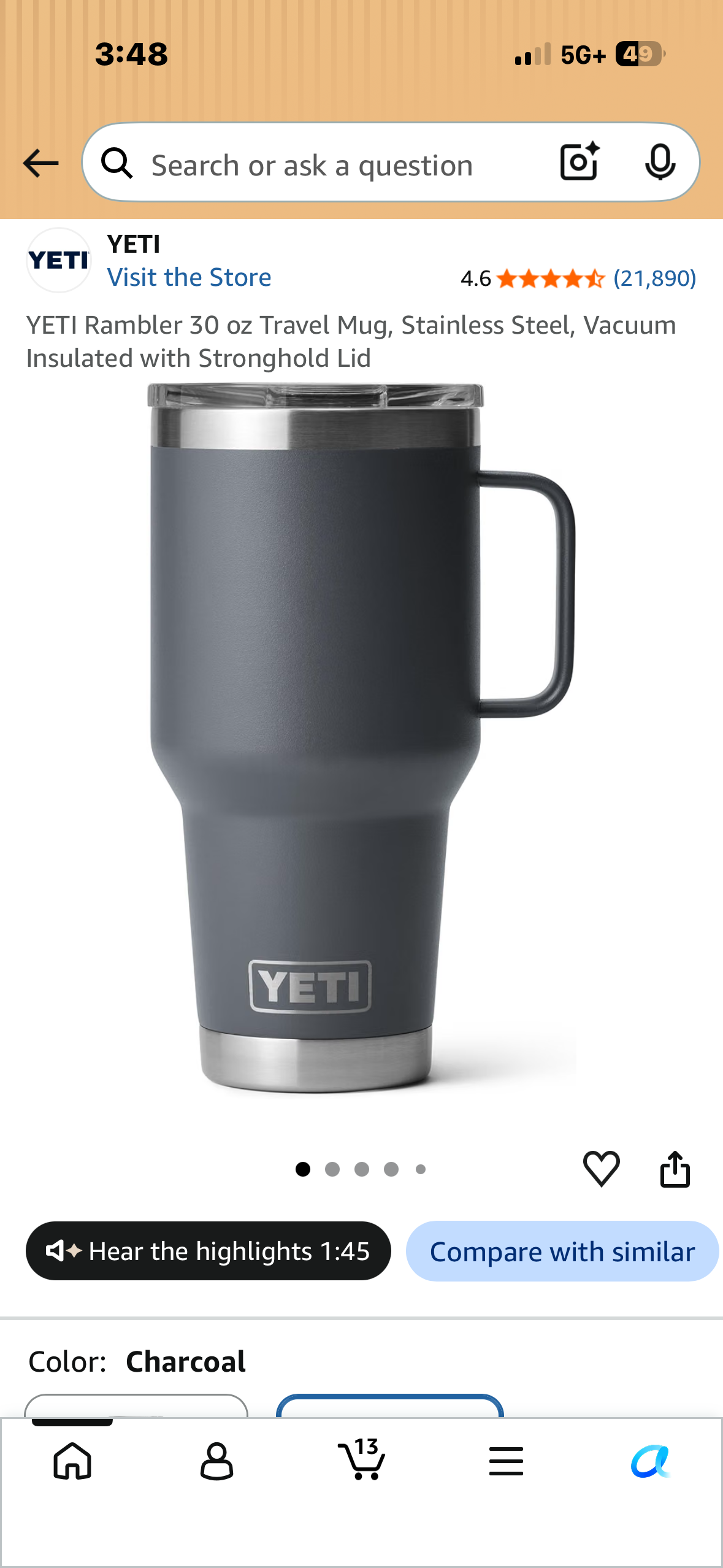YETI Rambler 30 oz Travel Mug, Stainless Steel, Vacuum Insulated with Stronghold Lid, Charcoal