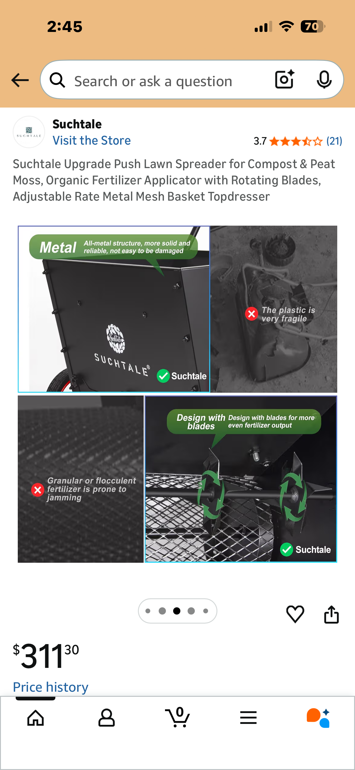 Push Lawn Spreader for Compost & Peat Moss, Organic Fertilizer , Applicator with Rotating Blades, Adjustable Rate, Metal Mesh Basket, Topdresser (G987)