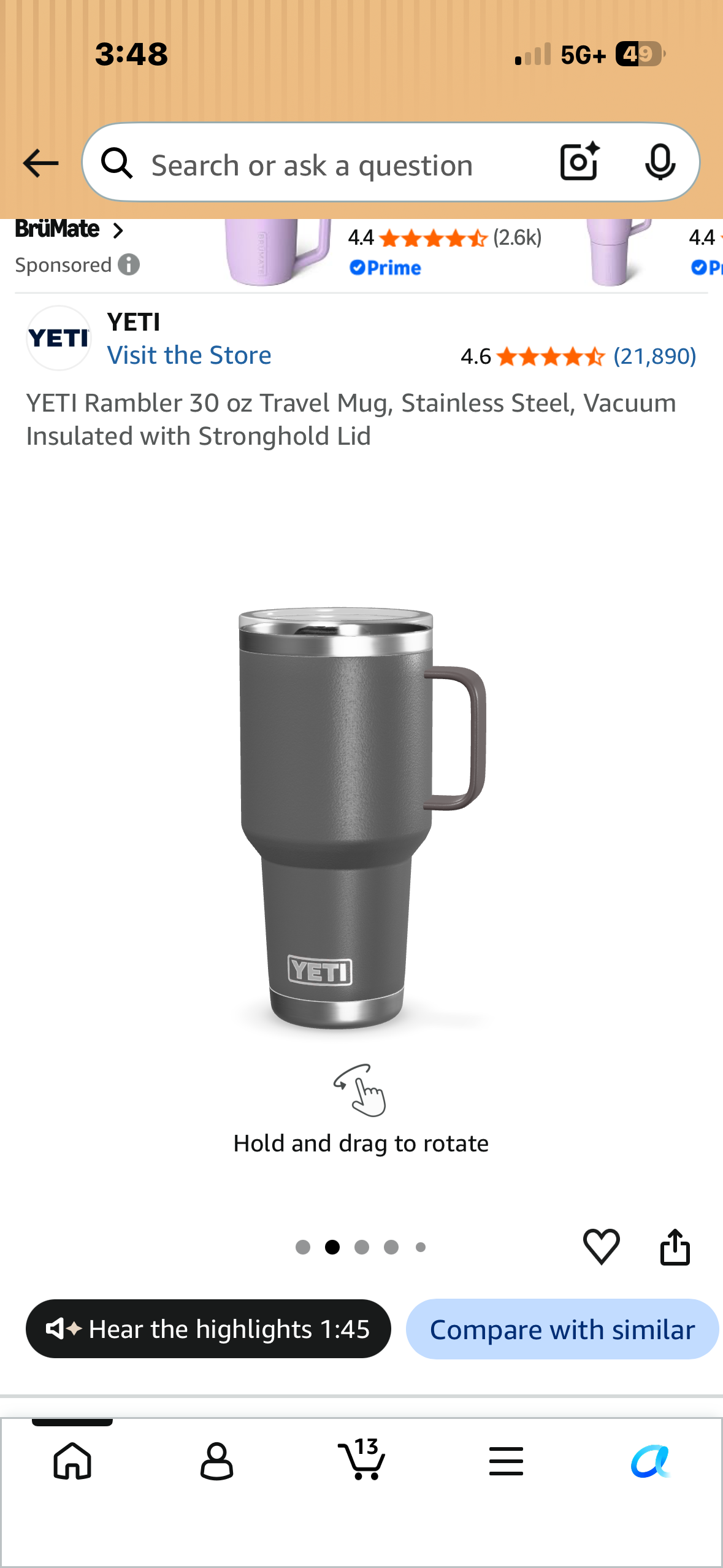 YETI Rambler 30 oz Travel Mug, Stainless Steel, Vacuum Insulated with Stronghold Lid, Charcoal