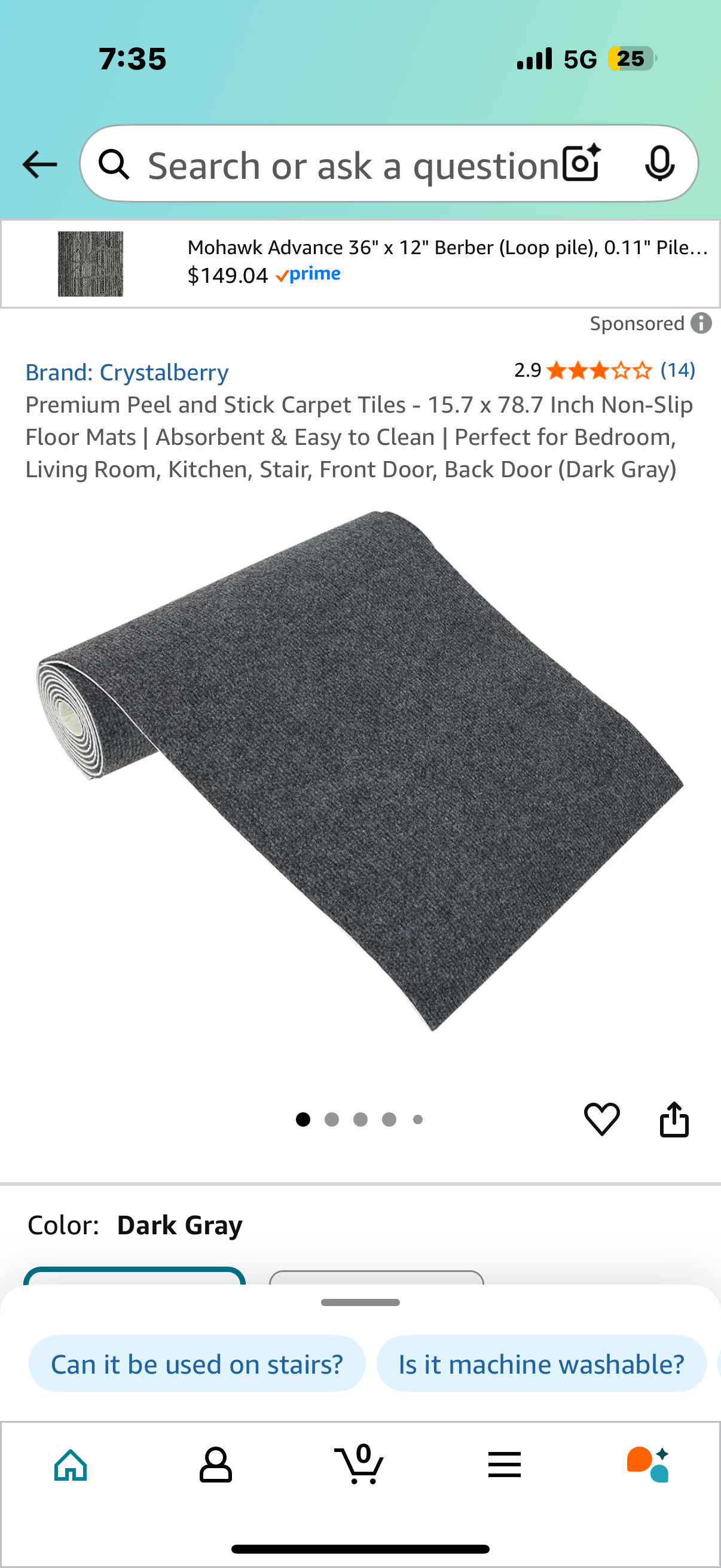 Premium Peel and Stick Carpet Tiles - 15.7 x 78.7 Inch Non-Slip Floor Mats | Absorbent & Easy to Clean | Perfect for Bedroom, Living Room, Kitchen, Stair, Front Door, Back Door (Dark Gray