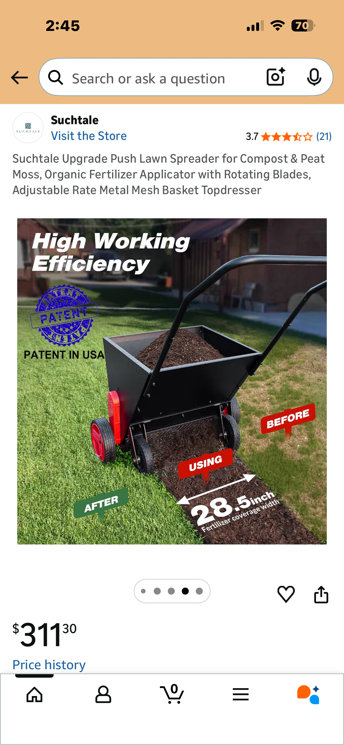 Push Lawn Spreader for Compost & Peat Moss, Organic Fertilizer , Applicator with Rotating Blades, Adjustable Rate, Metal Mesh Basket, Topdresser (G987)
