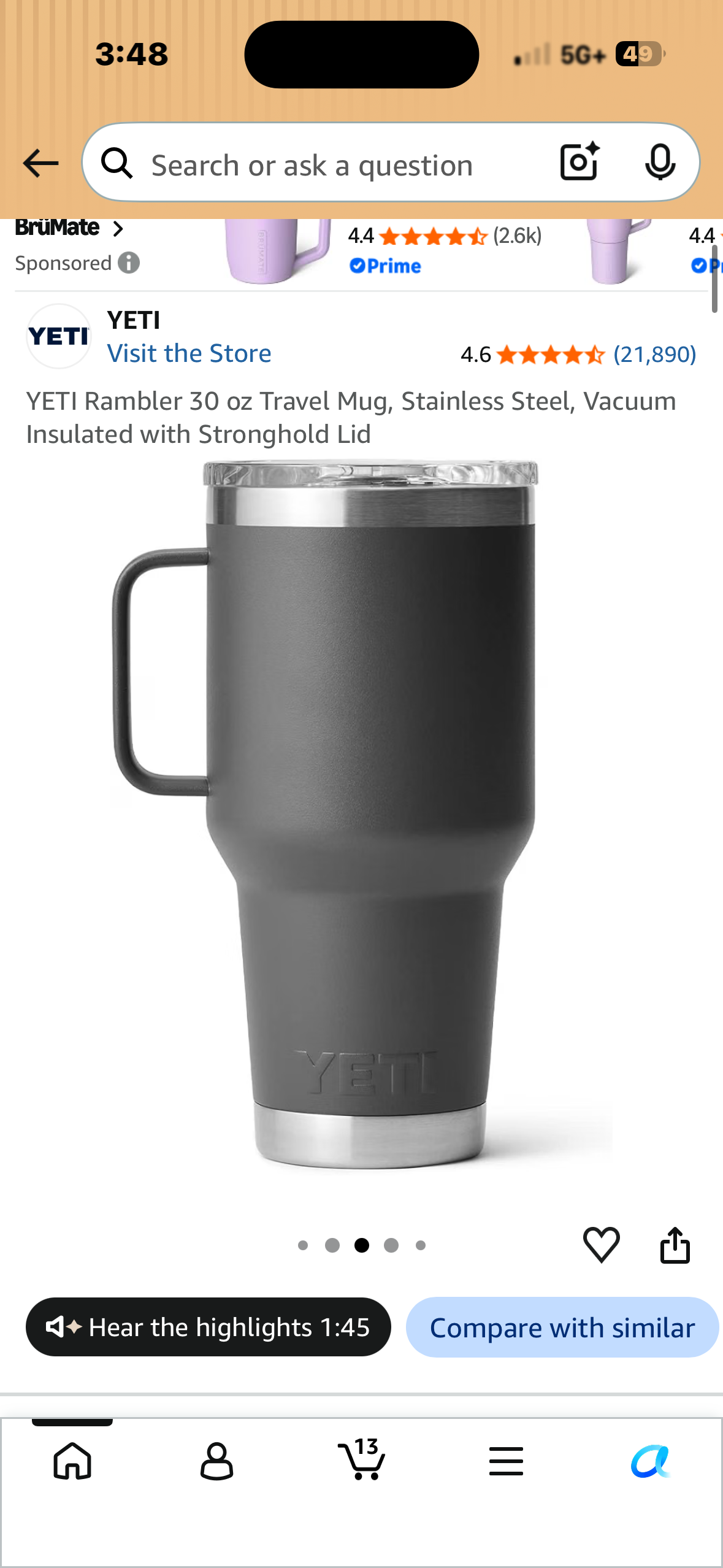 YETI Rambler 30 oz Travel Mug, Stainless Steel, Vacuum Insulated with Stronghold Lid, Charcoal