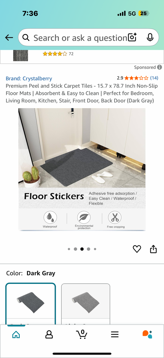 Premium Peel and Stick Carpet Tiles - 15.7 x 78.7 Inch Non-Slip Floor Mats | Absorbent & Easy to Clean | Perfect for Bedroom, Living Room, Kitchen, Stair, Front Door, Back Door (Dark Gray