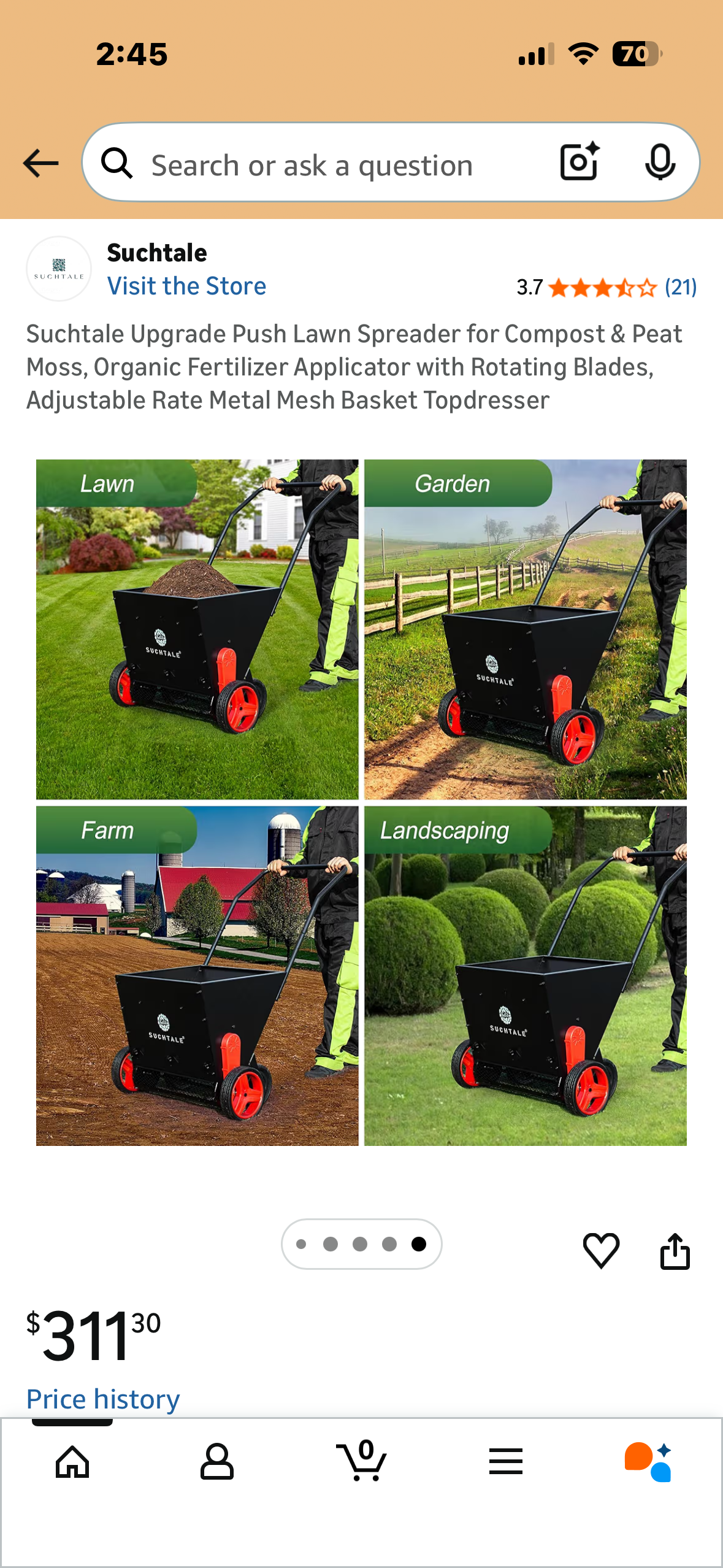 Push Lawn Spreader for Compost & Peat Moss, Organic Fertilizer , Applicator with Rotating Blades, Adjustable Rate, Metal Mesh Basket, Topdresser (G987)