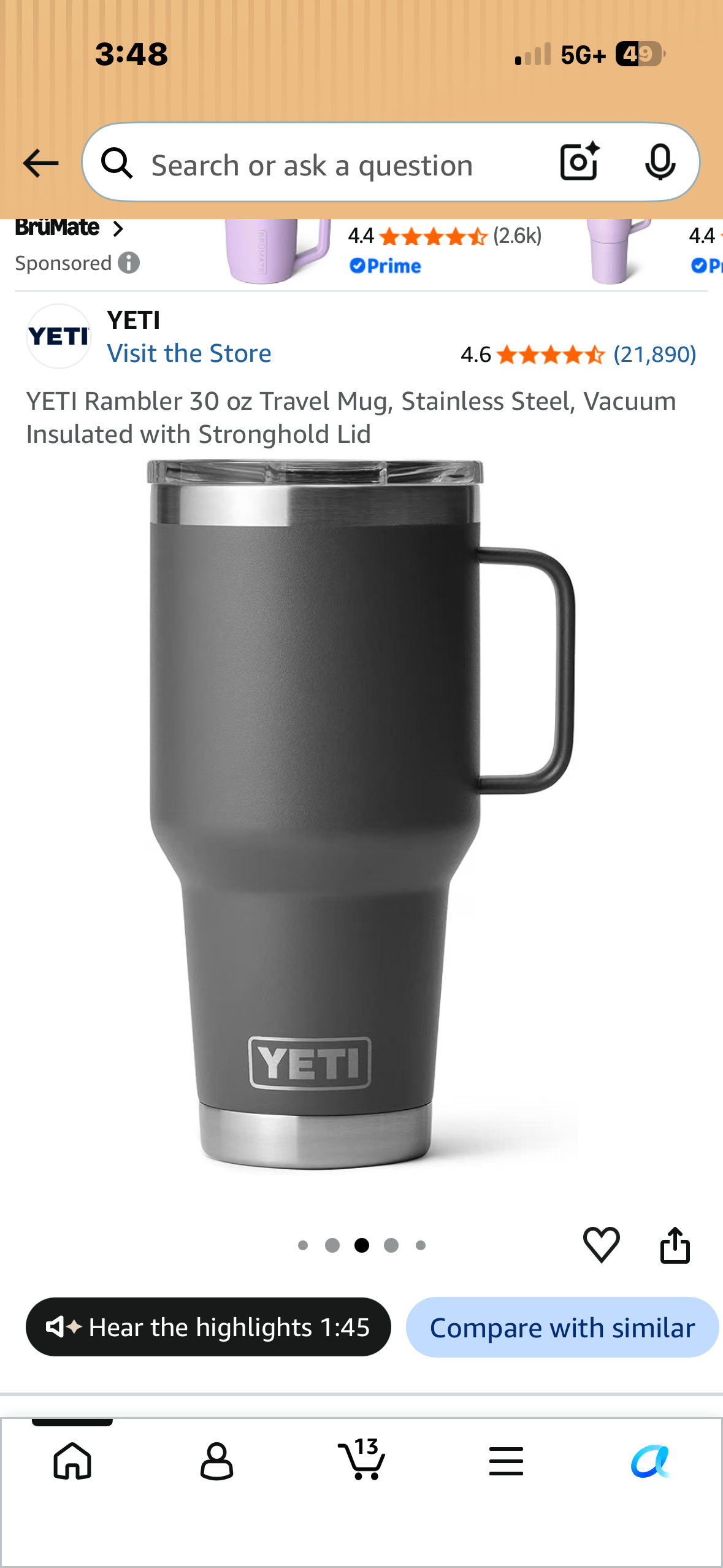 YETI Rambler 30 oz Travel Mug, Stainless Steel, Vacuum Insulated with Stronghold Lid, Charcoal