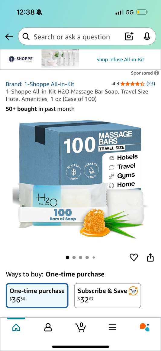 1-Shoppe All-in-Kit H2O Massage Bar Soap, Travel Size Hotel Amenities, 1 oz (Case of 100)