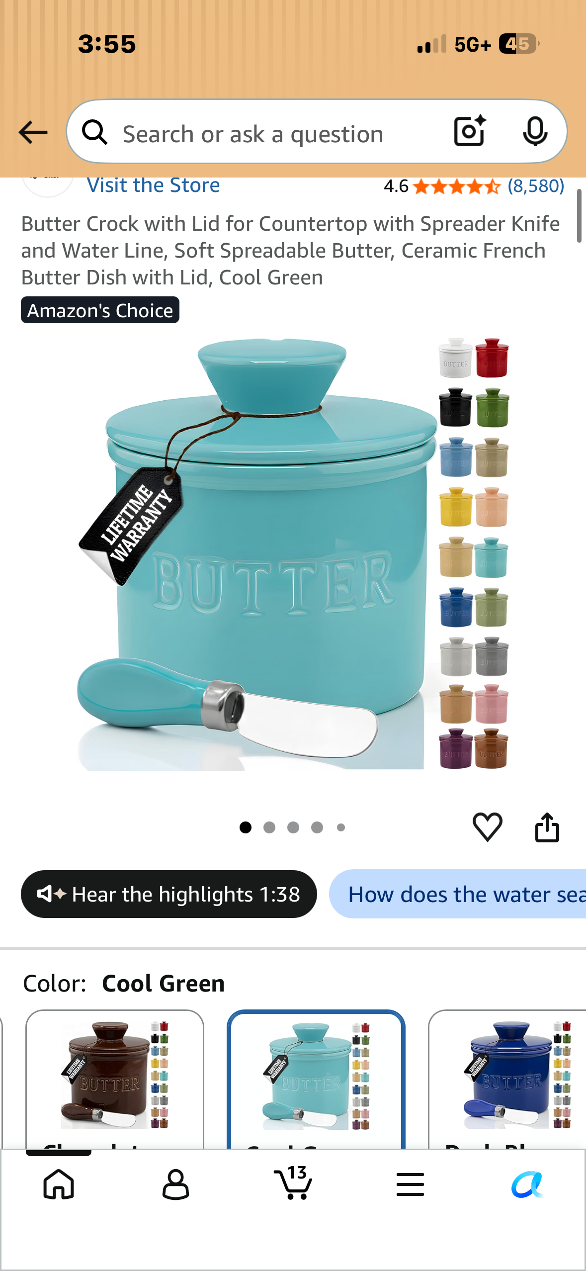 Butter Crock with Lid for Countertop with Spreader Knife and Water Line, Soft Spreadable Butter, Ceramic French Butter Dish with Lid, Cool Green