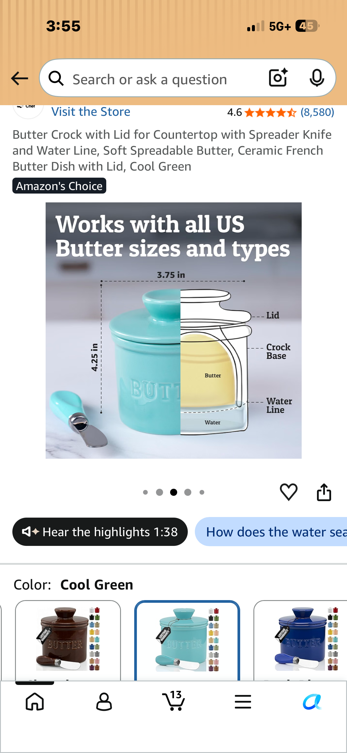 Butter Crock with Lid for Countertop with Spreader Knife and Water Line, Soft Spreadable Butter, Ceramic French Butter Dish with Lid, Cool Green