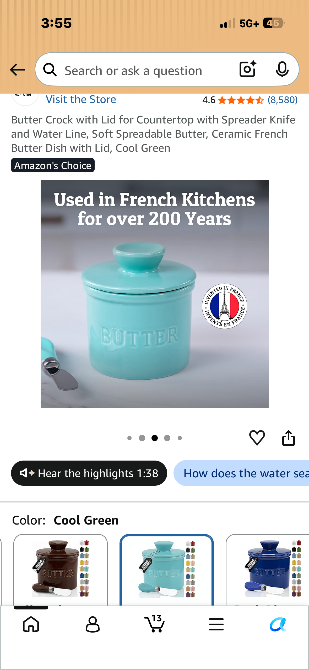 Butter Crock with Lid for Countertop with Spreader Knife and Water Line, Soft Spreadable Butter, Ceramic French Butter Dish with Lid, Cool Green