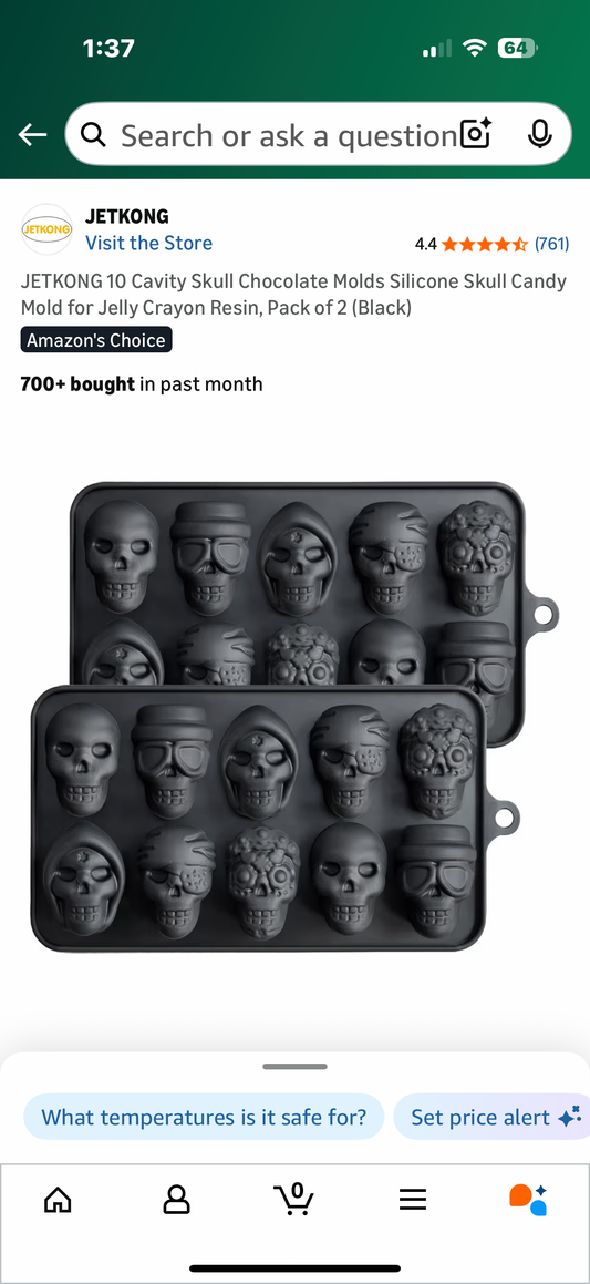 JETKONG 10 Cavity Skull Chocolate Molds Silicone Skull Candy Mold for Jelly Crayon Resin, Pack of 2 (Black