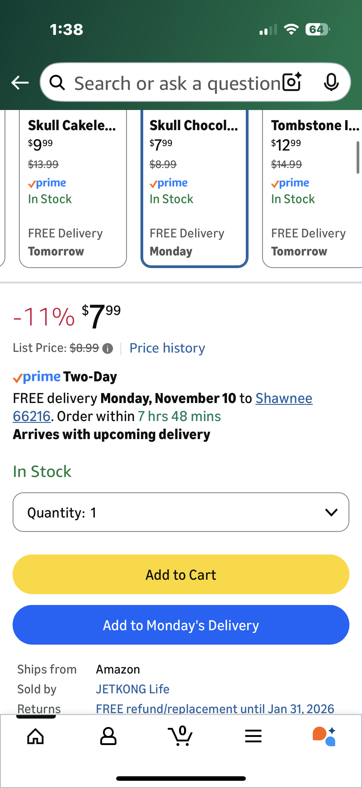 JETKONG 10 Cavity Skull Chocolate Molds Silicone Skull Candy Mold for Jelly Crayon Resin, Pack of 2 (Black