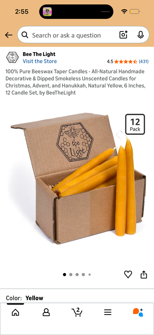 100% Pure Beeswax Taper Candles - All-Natural Handmade Decorative & Dipped Smokeless Unscented Candles for Christmas, Advent, and Hanukkah, Natural Yellow, 6 Inches, 12 Candle Set, by BeeTheLight