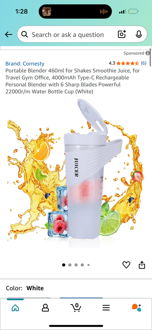 Portable Blender 460ml for Shakes Smoothie Juice, for Travel Gym Office, 4000mAh Type-C Rechargeable Personal Blender with 6 Sharp Blades Powerful 22000r/m Water Bottle Cup (White)
