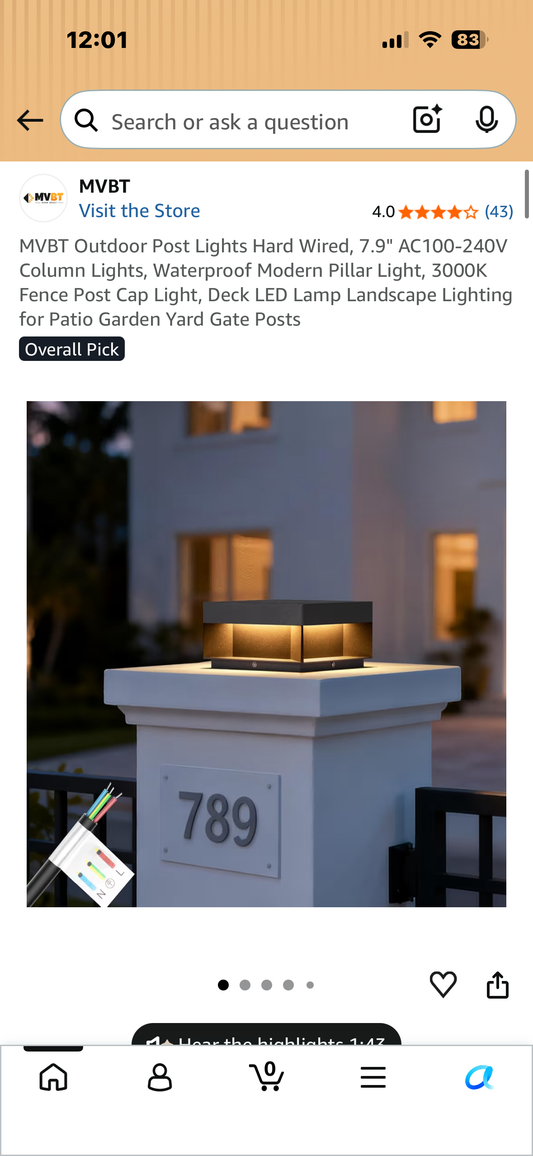MVBT Outdoor Post Light, 7.9" AC100-240V Column Lights, Waterproof Modern Pillar Light, 3000K Fence Post Cap Light, Deck LED Lamp Landscape Lighting for Patio, Garden, Yard, Gate Posts