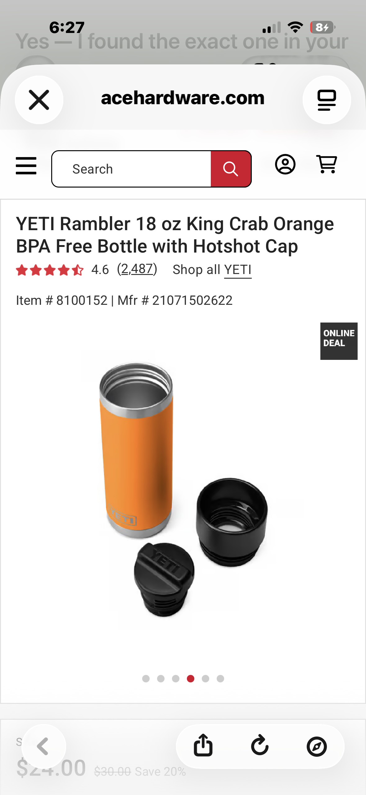 YETI Rambler 18 oz Bottle with HotShot Cap in King Crab Orange