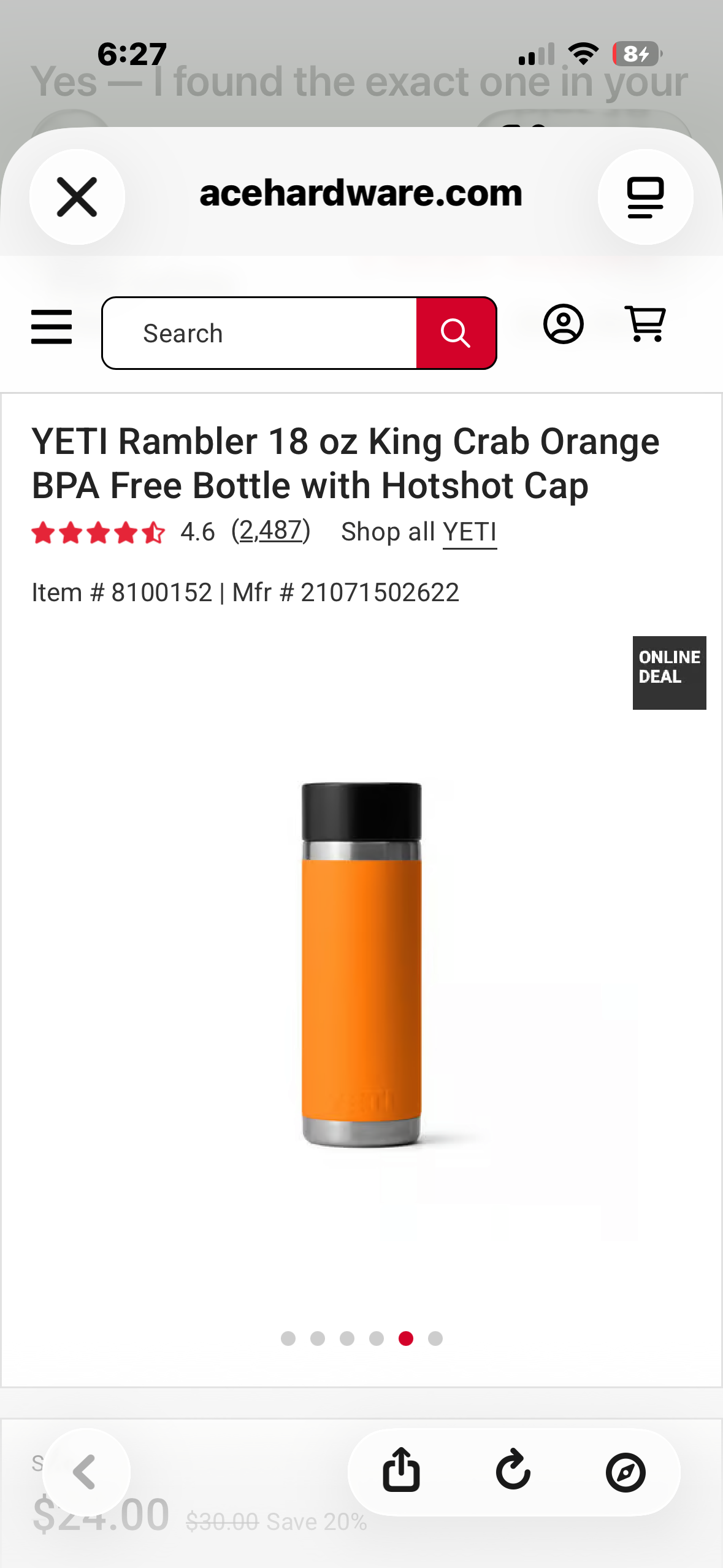 YETI Rambler 18 oz Bottle with HotShot Cap in King Crab Orange