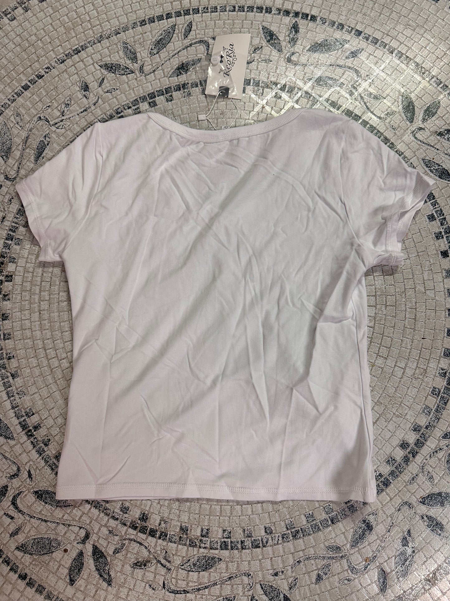 White Casual Summer T Shirt U Neck Pullover Tight Short Sleeved Top (Size XL)