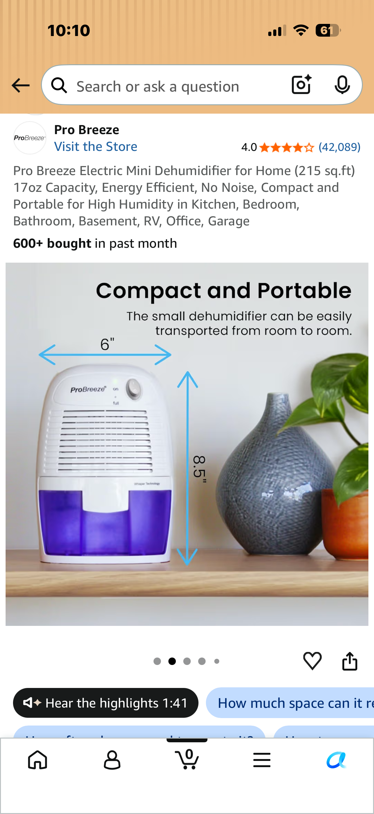 Electric Mini Dehumidifier for Home (215 sq.ft) 17oz Capacity, Energy Efficient, No Noise, Compact and Portable for High Humidity in Kitchen, Bedroom, Bathroom, Basement, RV, Office, Garage