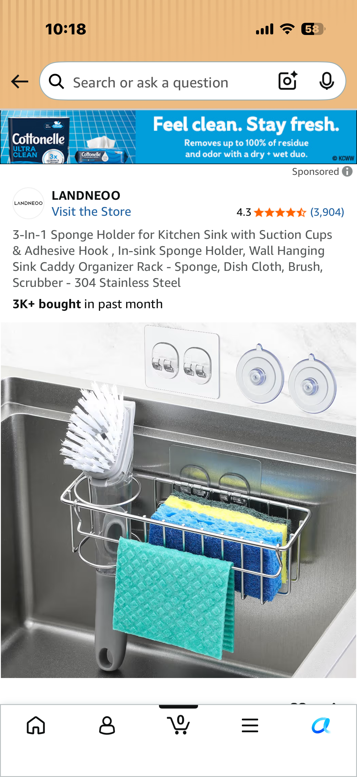 3-In-1 Sponge Holder for Kitchen Sink with Suction Cups & Adhesive Hook , In-sink Sponge Holder, Wall Hanging Sink Caddy Organizer Rack - Sponge, Dish Cloth, Brush, Scrubber