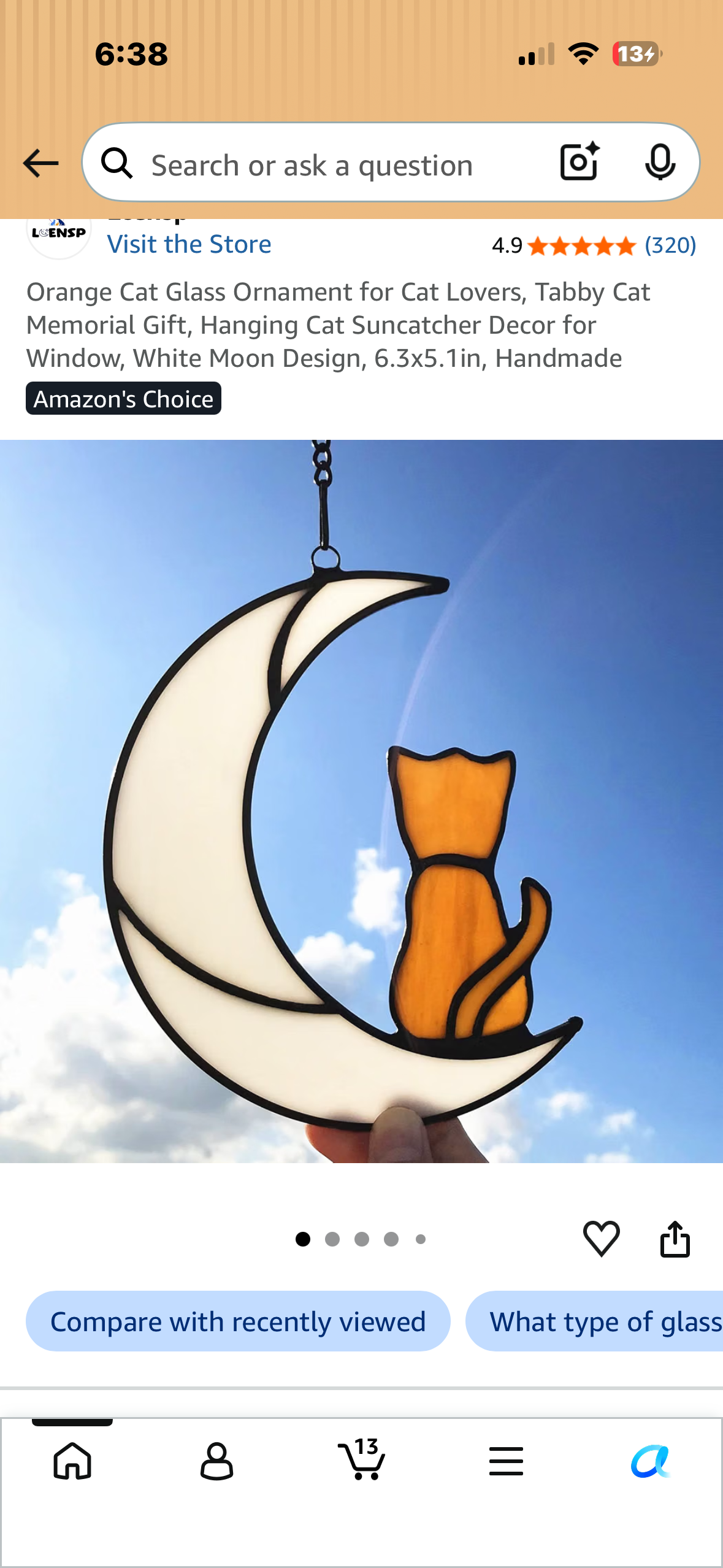 Cat Glass Ornament for Cat Lovers, Tabby Cat Memorial Gift, Hanging Cat Suncatcher Decor for Window, Yellow moon Design, 6.3x5.1in, Handmade