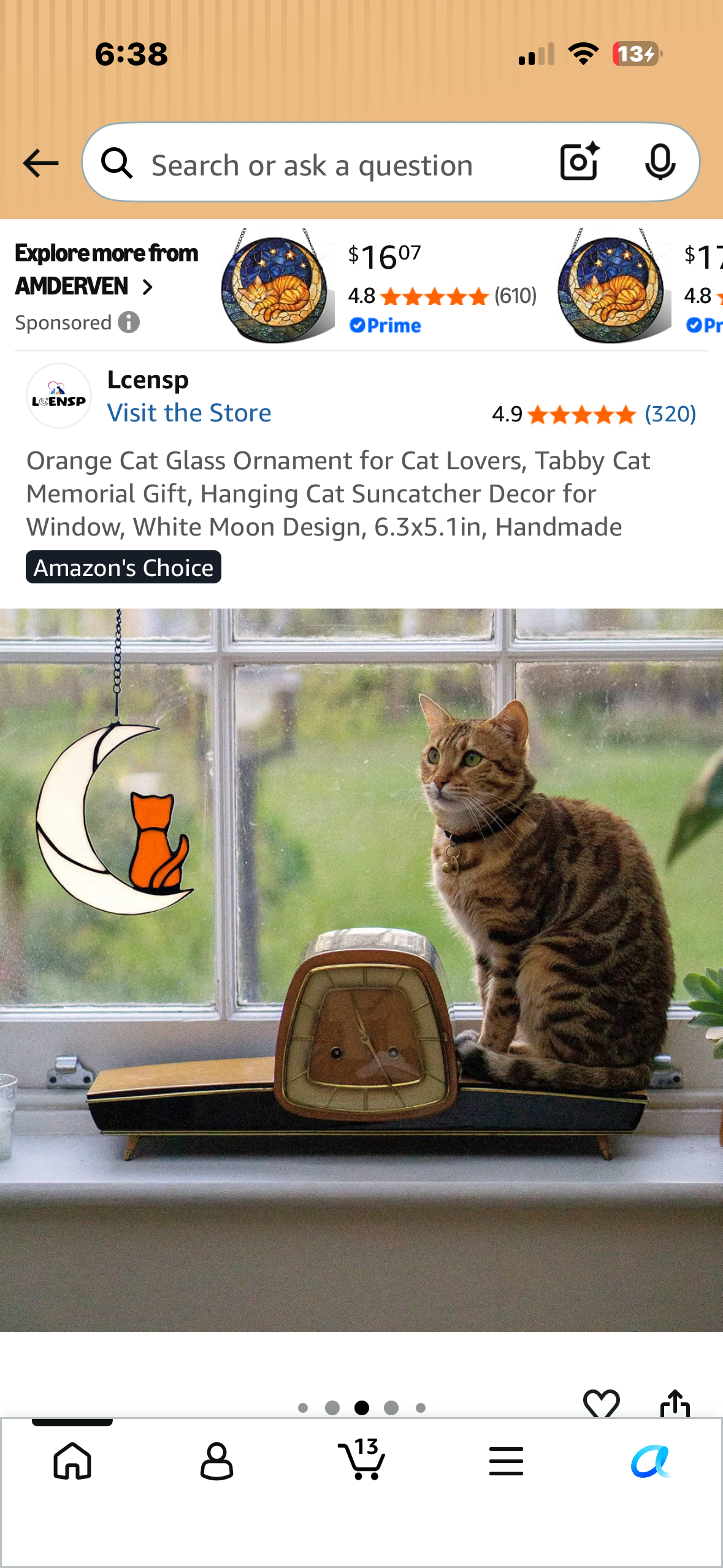 Cat Glass Ornament for Cat Lovers, Tabby Cat Memorial Gift, Hanging Cat Suncatcher Decor for Window, Yellow moon Design, 6.3x5.1in, Handmade