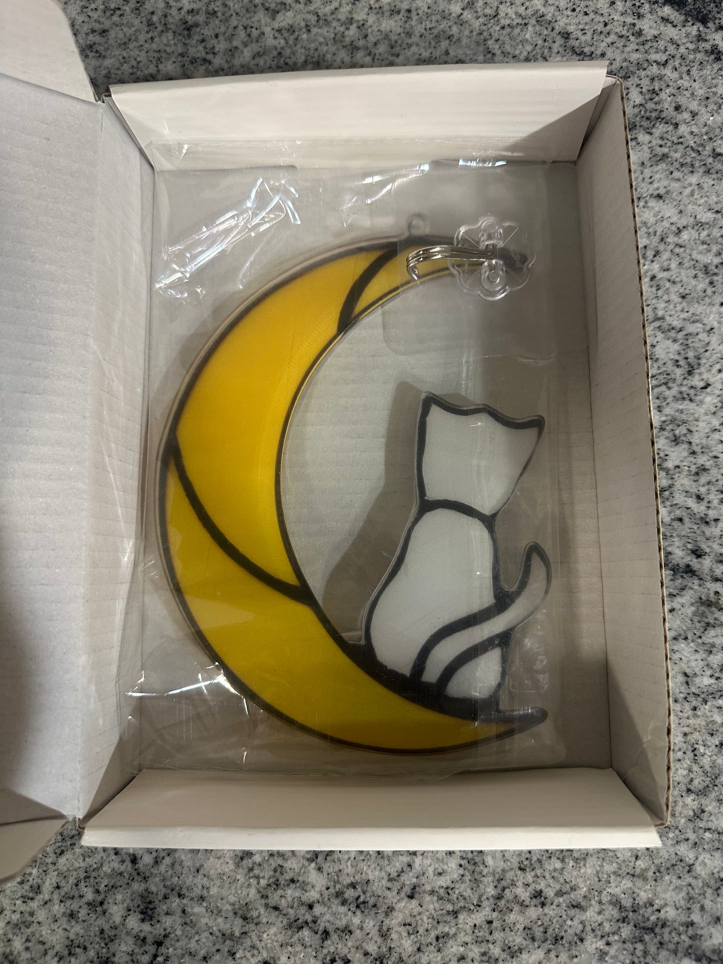 Cat Glass Ornament for Cat Lovers, Tabby Cat Memorial Gift, Hanging Cat Suncatcher Decor for Window, Yellow moon Design, 6.3x5.1in, Handmade