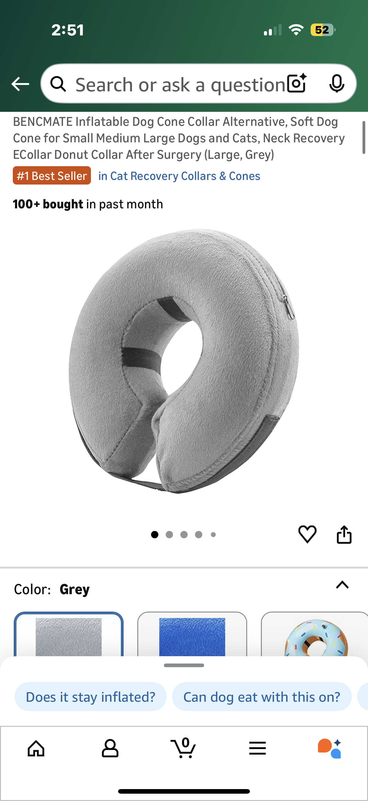 BENCMATE Inflatable Dog Cone Collar Alternative, Soft Dog Cone for Small Medium Large Dogs and Cats, Neck Recovery ECollar Donut Collar After Surgery (Large, Grey