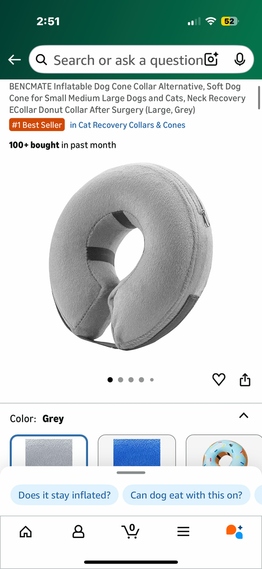 BENCMATE Inflatable Dog Cone Collar Alternative, Soft Dog Cone for Small Medium Large Dogs and Cats, Neck Recovery ECollar Donut Collar After Surgery (Large, Grey