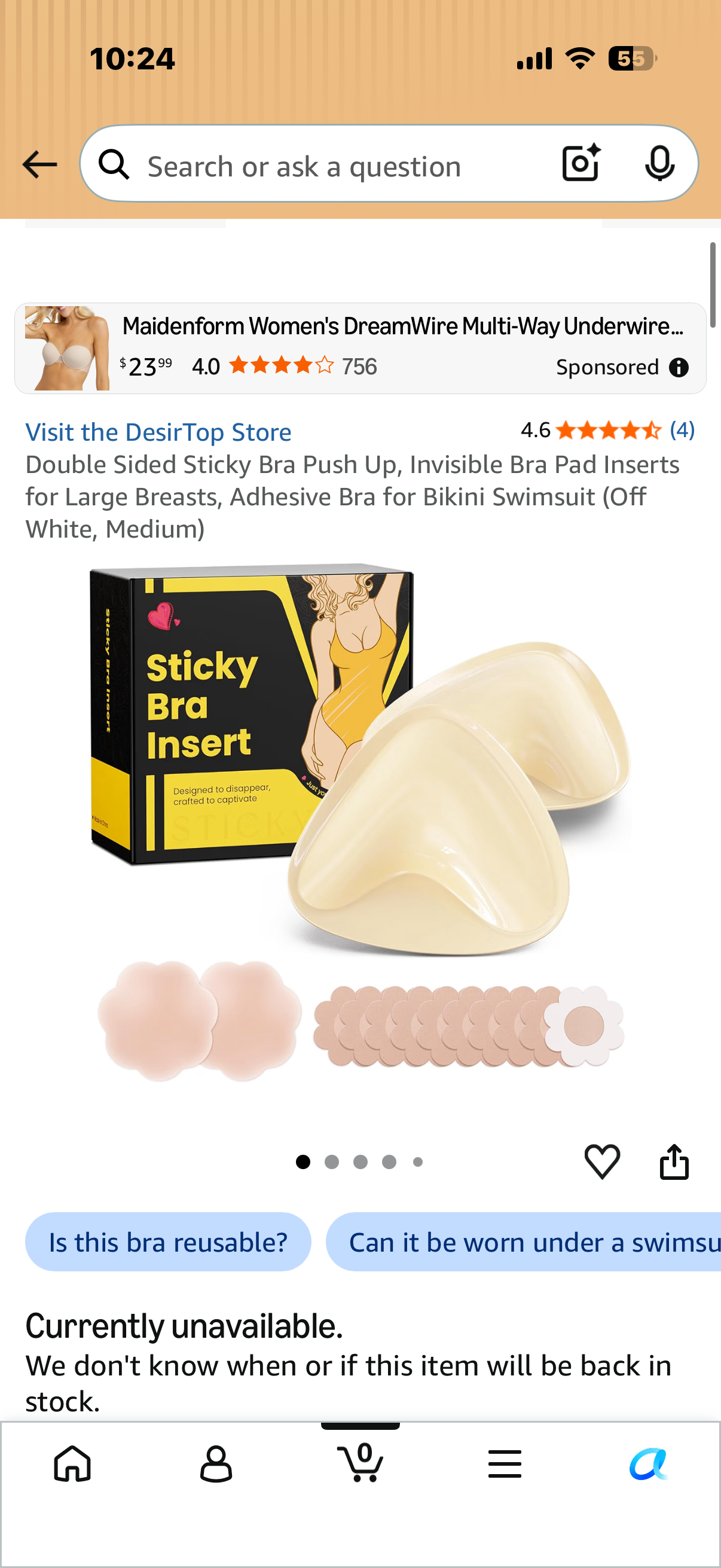 Double Sided Sticky Bra Push Up, Invisible Bra Pad Inserts for Large Breasts, Adhesive Bra for Bikini Swimsuit (Off White, Medium)