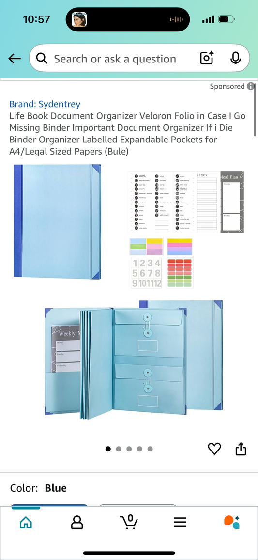 Life Book Document Organizer Veloron Folio in Case I Go Missing Binder Important Document Organizer If i Die Binder Organizer Labelled Expandable Pockets for A4/Legal Sized Papers (Blue)