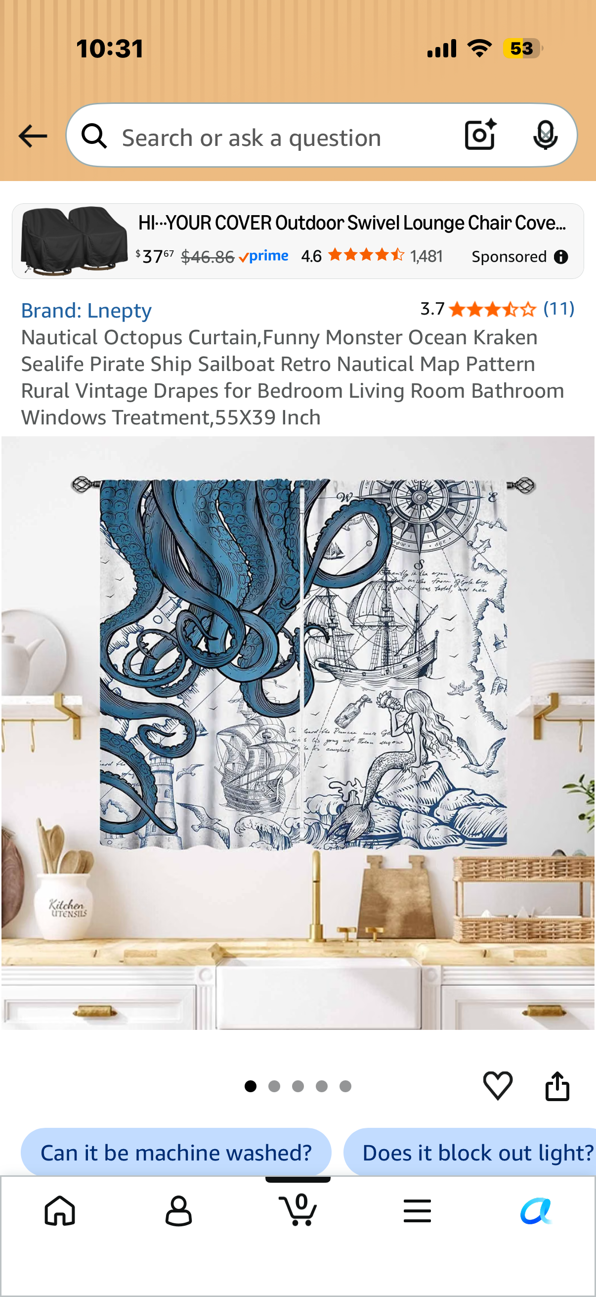 Nautical Octopus Curtain,Funny Monster Ocean Kraken Sealife Pirate Ship Sailboat Retro Nautical Map Pattern Rural Vintage Drapes for Bedroom Living Room Bathroom Windows Treatment,55X39 Inch