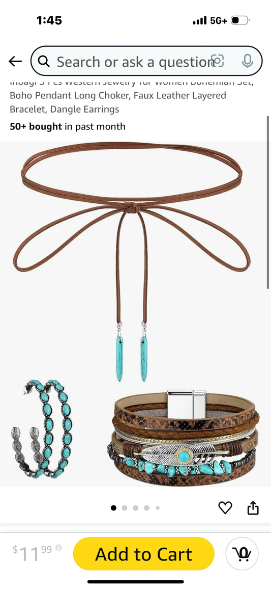 Inbagi 3 Pcs Western Jewelry for Women Bohemian Set, Boho Pendant Long Choker, Faux Leather Layered Bracelet, Dangle Earrings