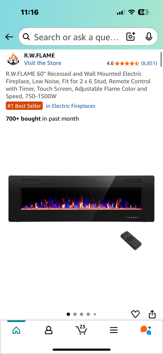 R.W.FLAME 60" Recessed and Wall Mounted Electric Fireplace, Low Noise, Fit for 2 x 6 Stud, Remote Control with Timer, Touch Screen, Adjustable Flame Color and Speed, 750-1500W (R567)
