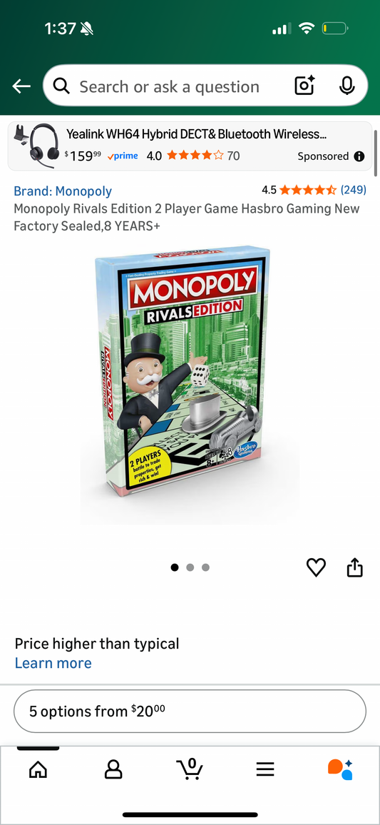 Monopoly Rivals Edition 2 Player Game Hasbro Gaming New Factory Sealed,8 YEARS+