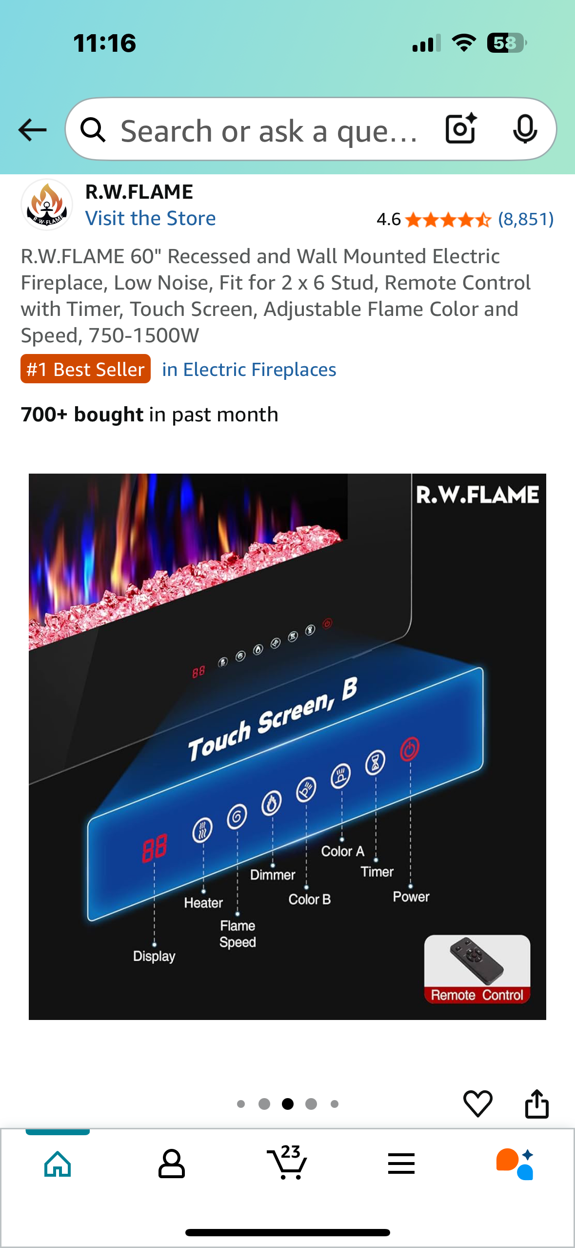 R.W.FLAME 60" Recessed and Wall Mounted Electric Fireplace, Low Noise, Fit for 2 x 6 Stud, Remote Control with Timer, Touch Screen, Adjustable Flame Color and Speed, 750-1500W (R567)