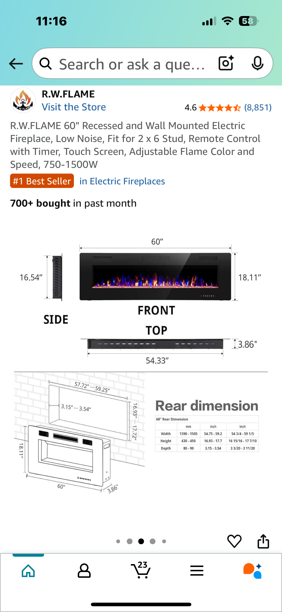R.W.FLAME 60" Recessed and Wall Mounted Electric Fireplace, Low Noise, Fit for 2 x 6 Stud, Remote Control with Timer, Touch Screen, Adjustable Flame Color and Speed, 750-1500W (R567)