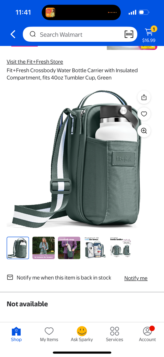 Fit+Fresh Crossbody Water Bottle Carrier with Insulated Compartment, fits 40oz Tumbler Cup, Green