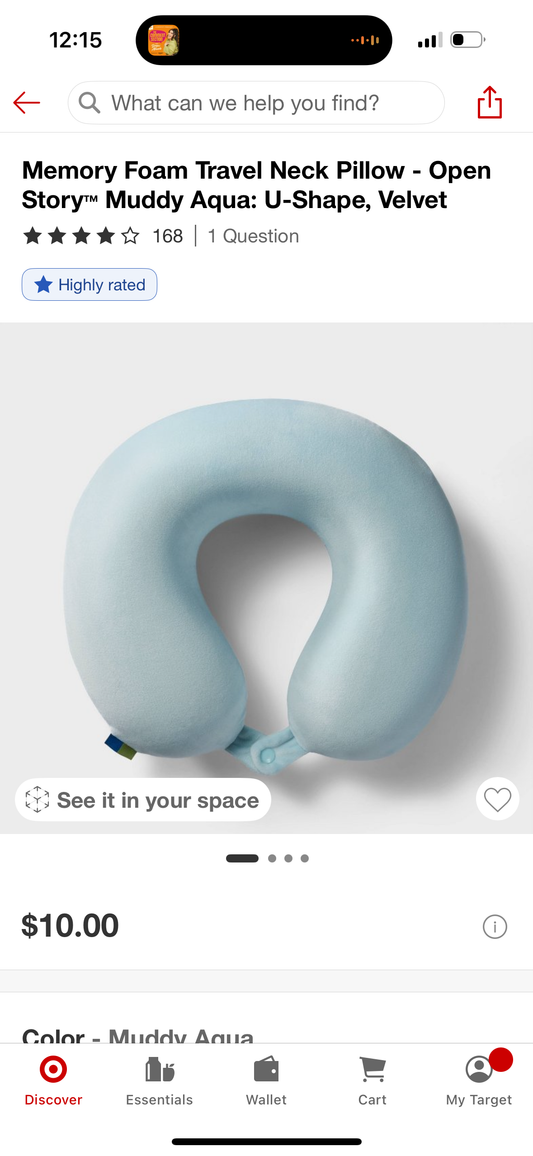 Memory Foam Travel Neck Pillow - Open Story™ Muddy Aqua: U-Shape, Velvet