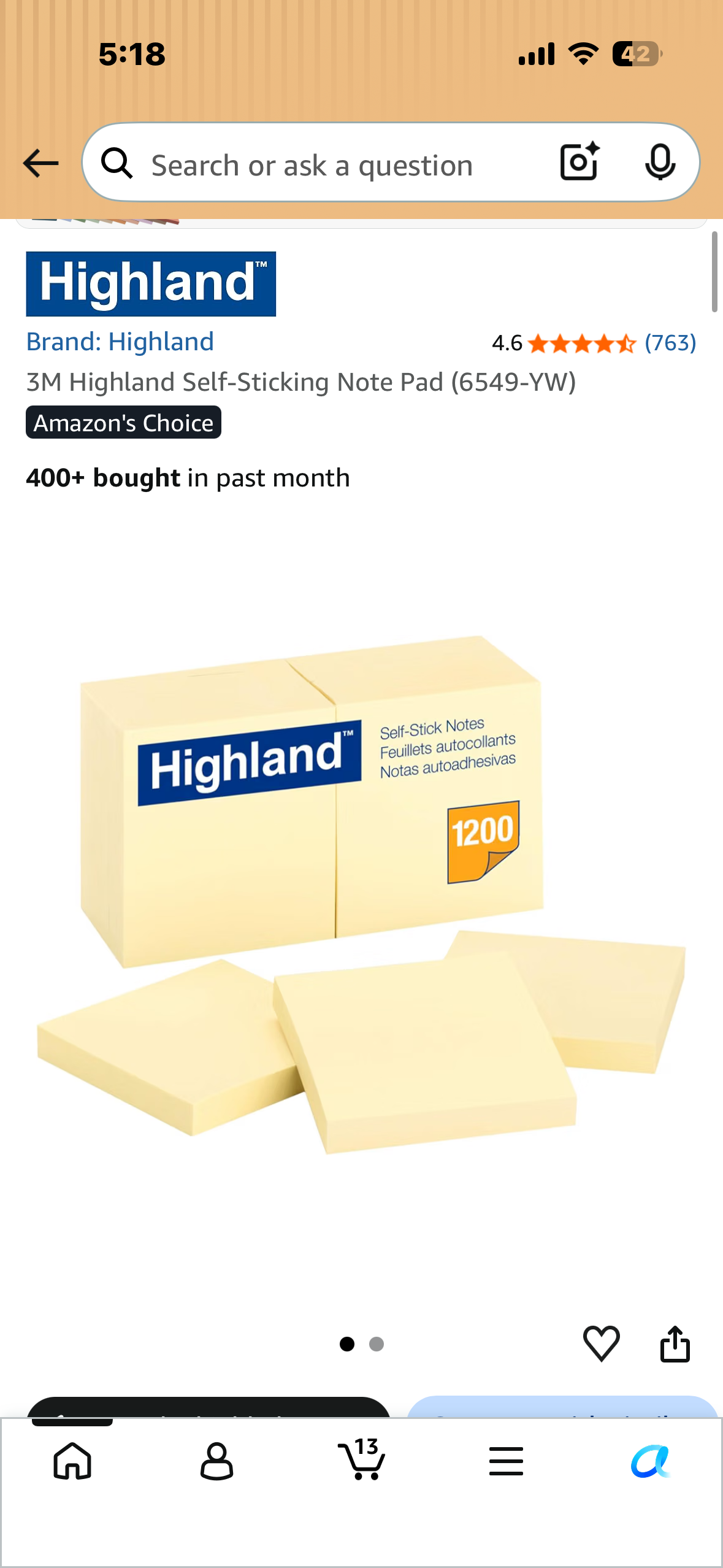 3M Highland Self-Sticking Note Pad (6549-YW)