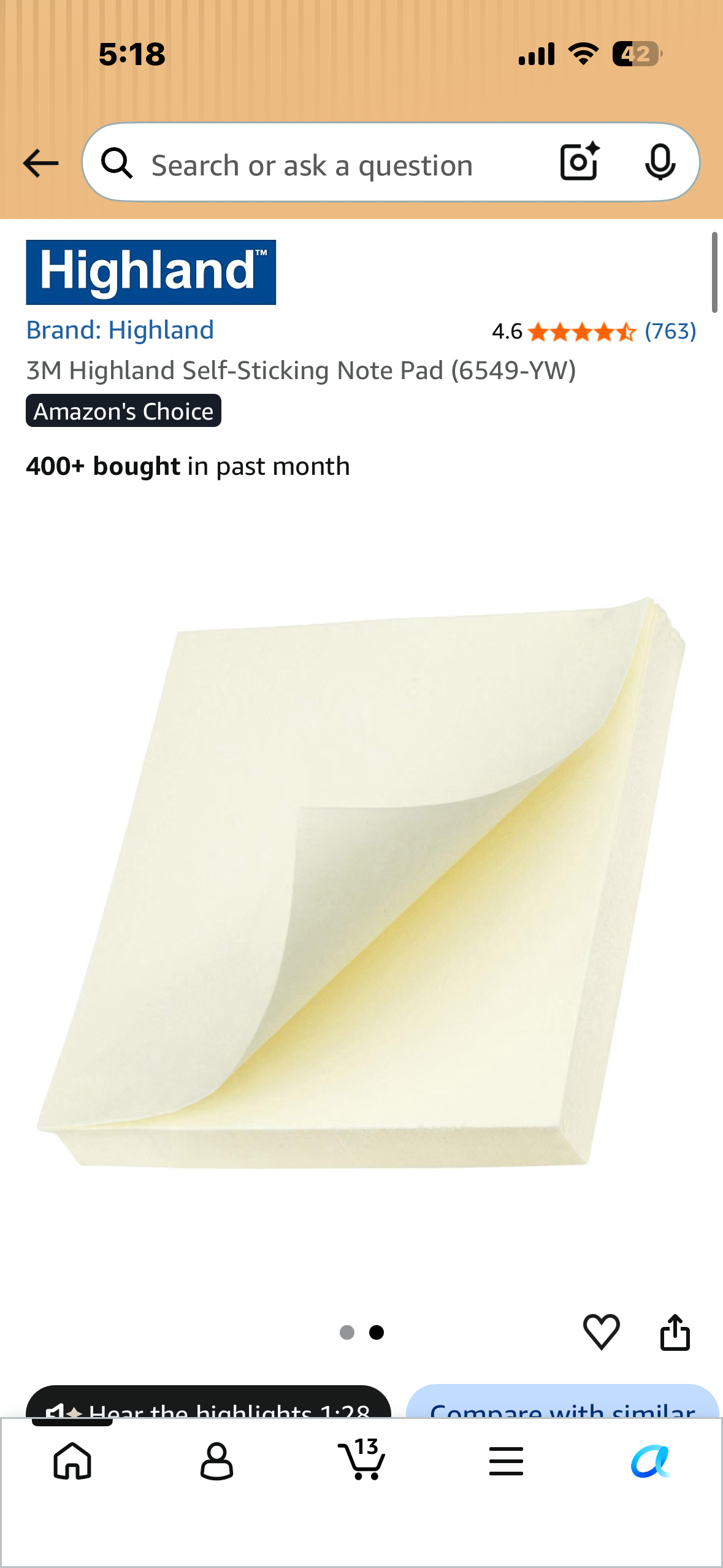 3M Highland Self-Sticking Note Pad (6549-YW)