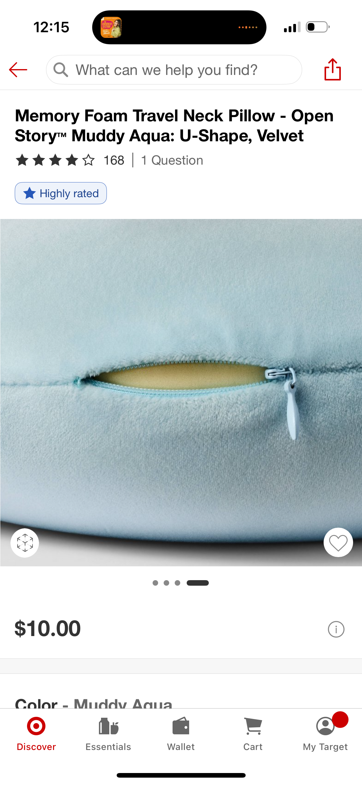 Memory Foam Travel Neck Pillow - Open Story™ Muddy Aqua: U-Shape, Velvet