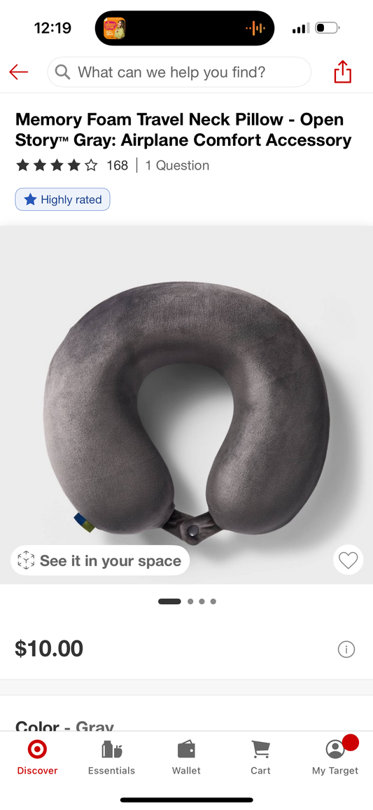 Memory Foam Travel Neck Pillow - Open Story™ Gray: Airplane Comfort Accessory