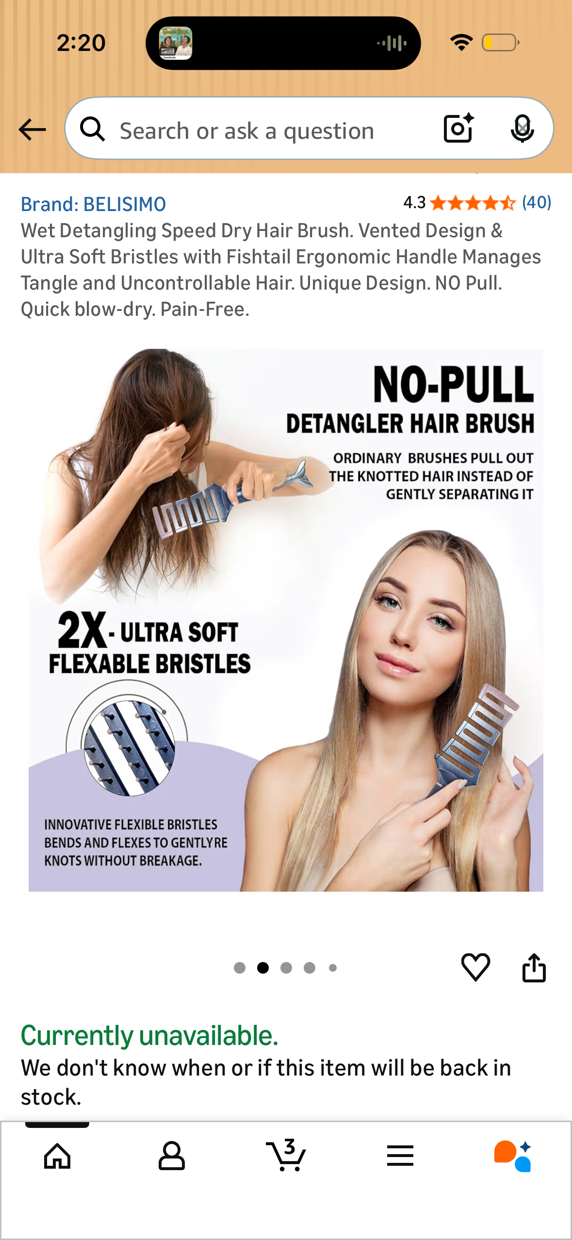 Wet Detangling Speed Dry Hair Brush. Vented Design & Ultra Soft Bristles with Fishtail Ergonomic Handle Manages Tangle and Uncontrollable Hair. Unique Design. NO Pull. Quick blow-dry. Pain-Free.