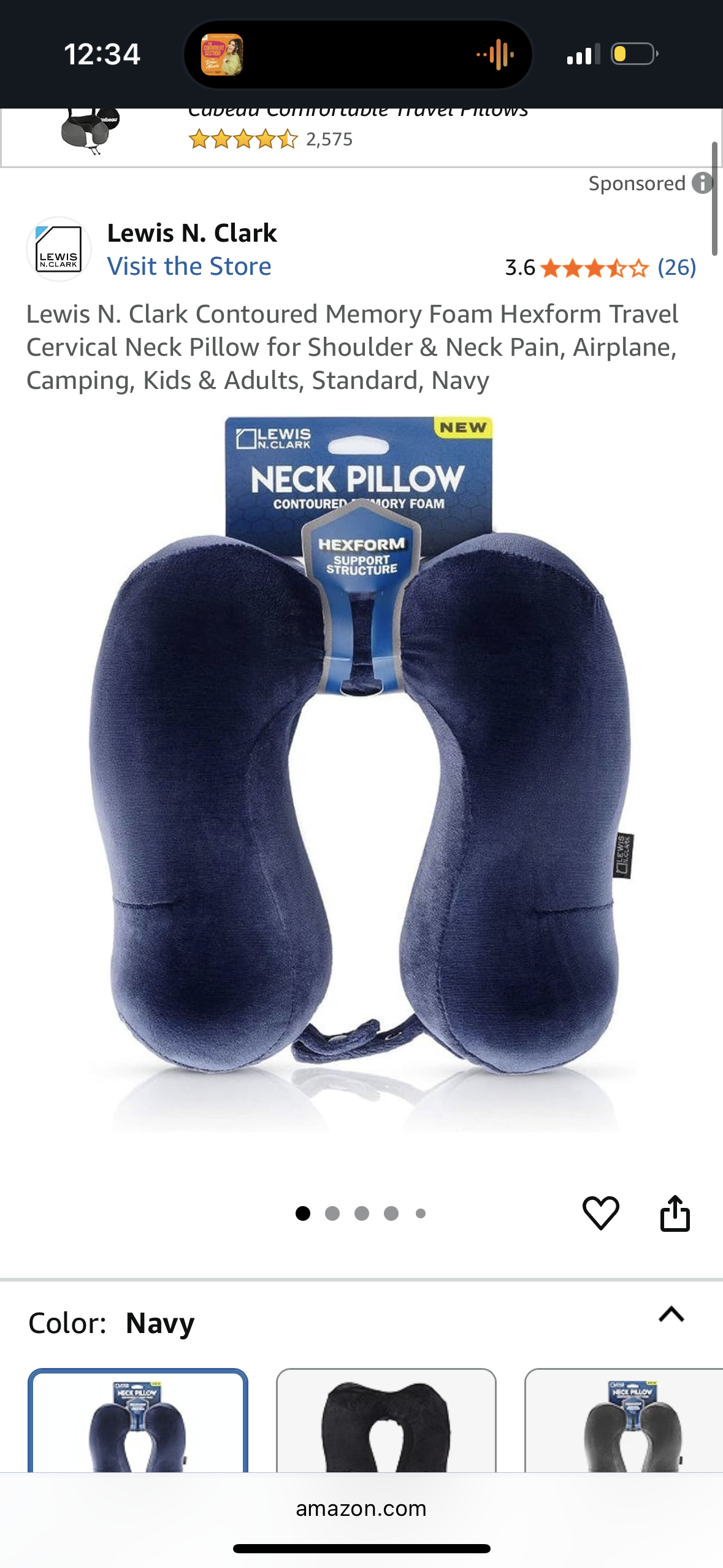 Lewis N. Clark Contoured Memory Foam Hexform Travel Cervical Neck Pillow for Shoulder & Neck Pain, Airplane, Camping, Kids & Adults, Standard, Navy