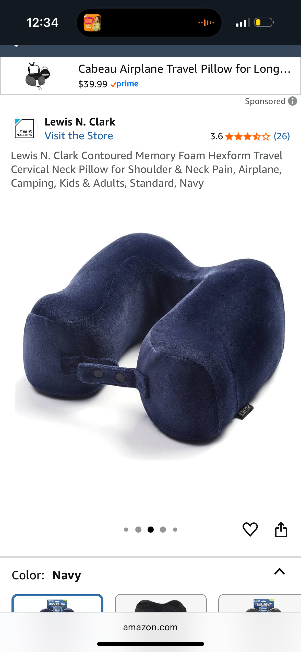 Lewis N. Clark Contoured Memory Foam Hexform Travel Cervical Neck Pillow for Shoulder & Neck Pain, Airplane, Camping, Kids & Adults, Standard, Navy