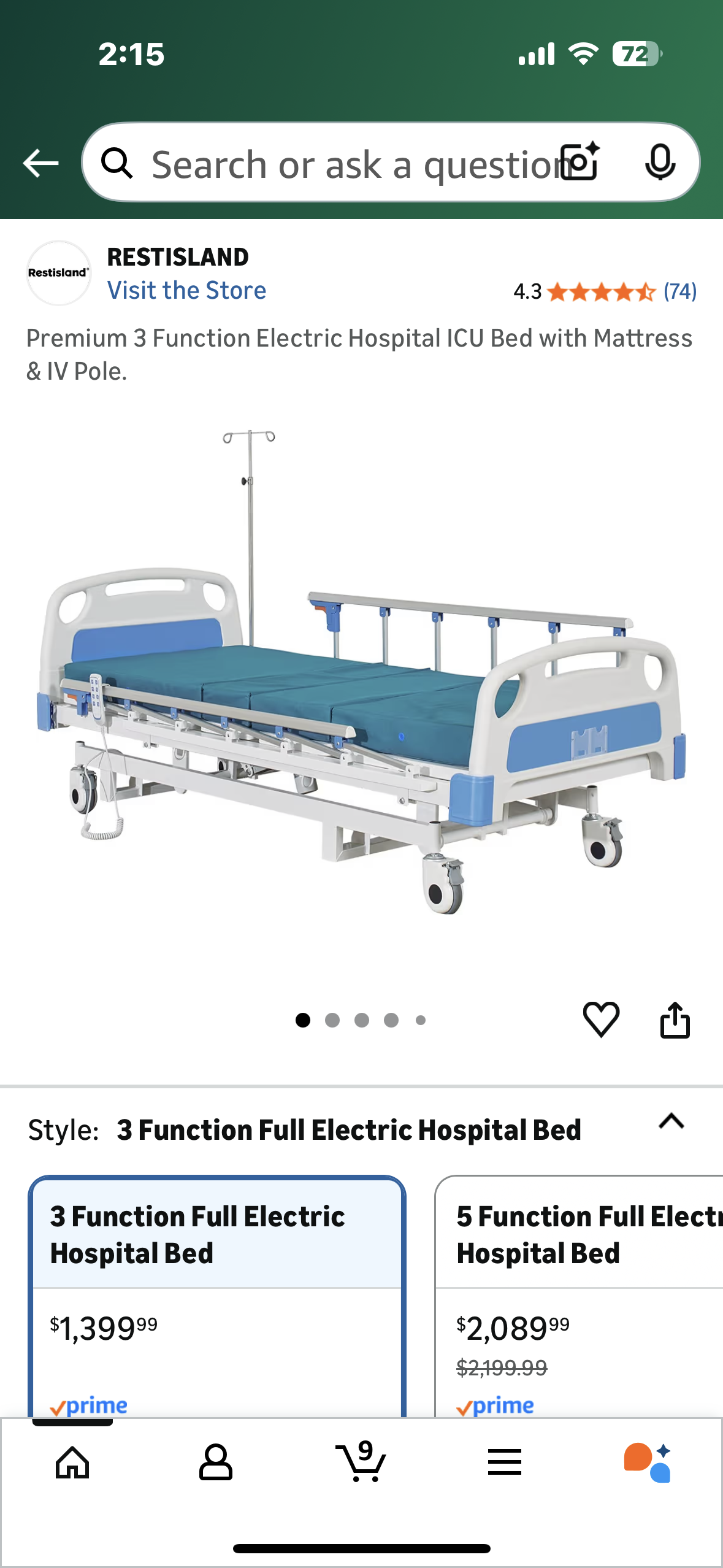Premium 3 Function Electric Hospital Bed with Mattress & IV Pole. (B1138)