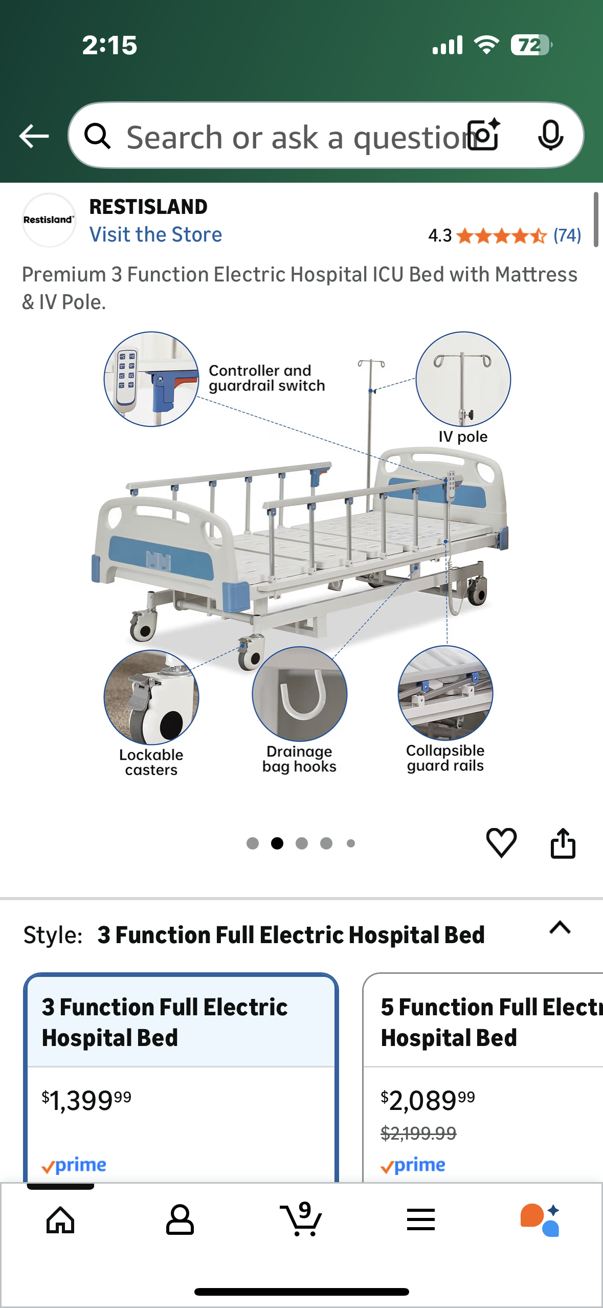 Premium 3 Function Electric Hospital Bed with Mattress & IV Pole. (B1138)