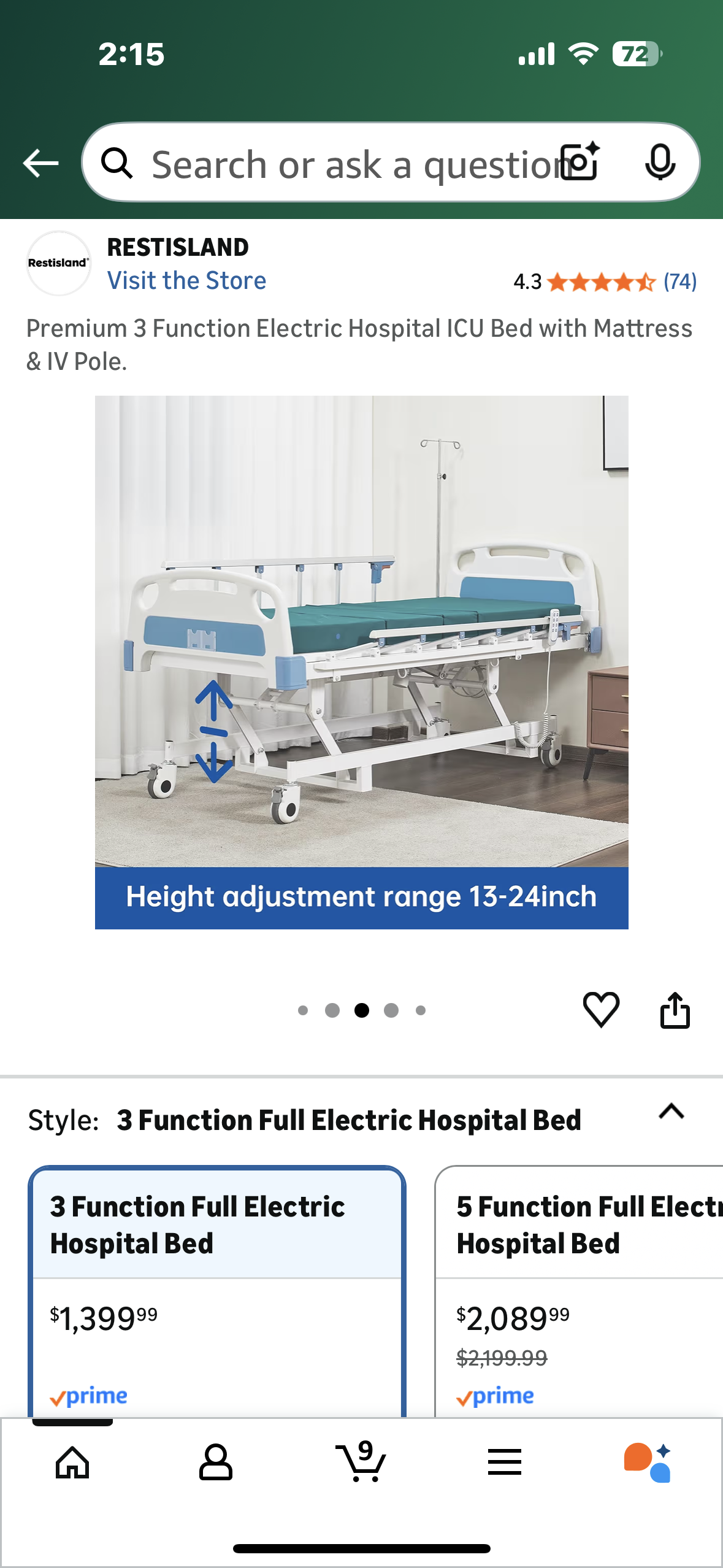 Premium 3 Function Electric Hospital Bed with Mattress & IV Pole. (B1138)