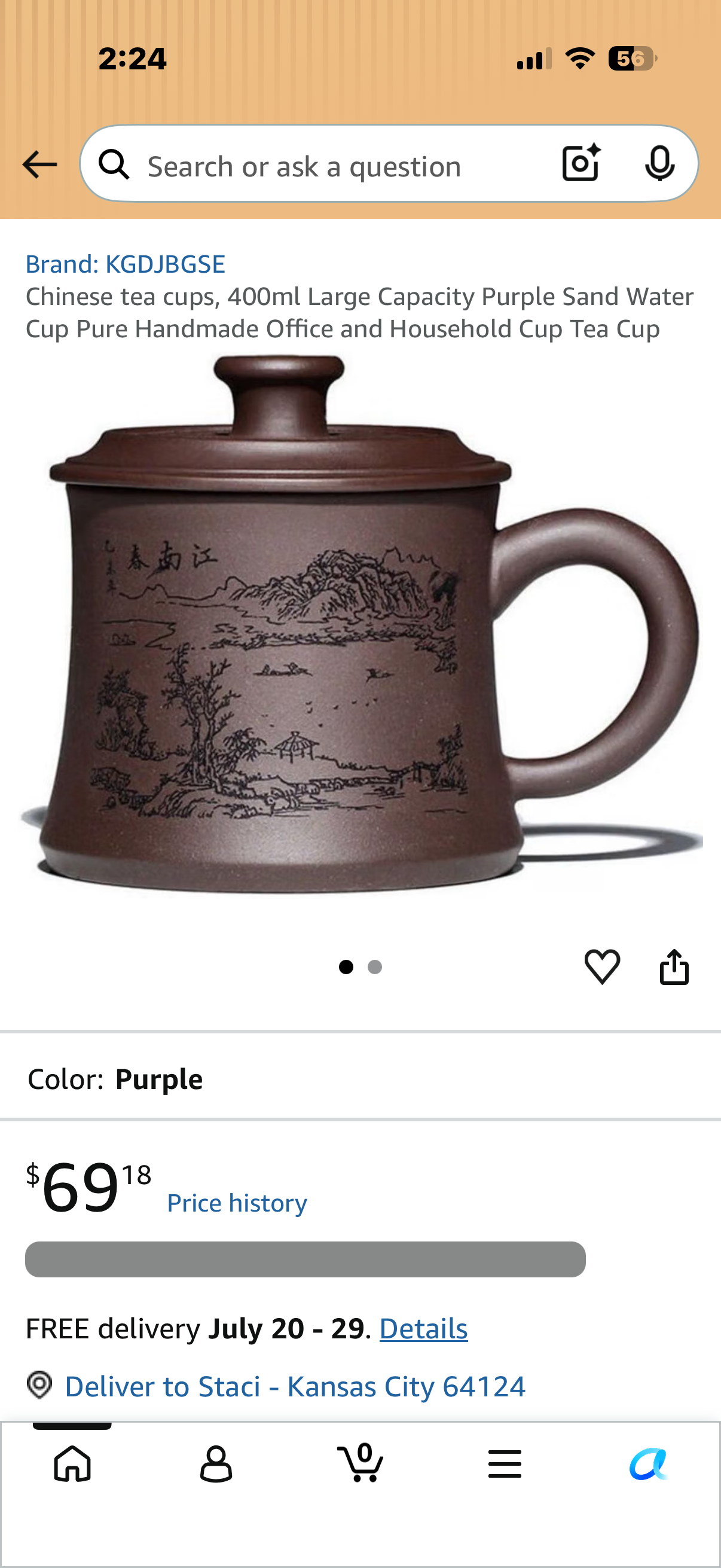 Chinese tea cups, 400ml Large Capacity Purple Sand Water Cup Pure Handmade Office and Household Cup Tea Cup