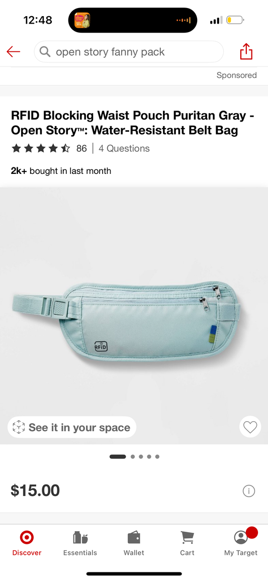 RFID Blocking Waist Pouch Puritan Gray - Open Story™: Water-Resistant Belt Bag